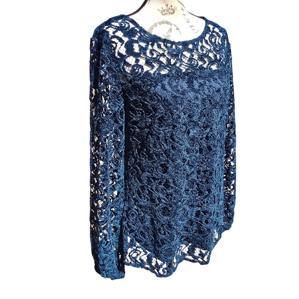 Sundance NWT -1755 Teal Blue Floral Lace Long Sleeve Lined Top Boat Neck Medium - Picture 3 of 9